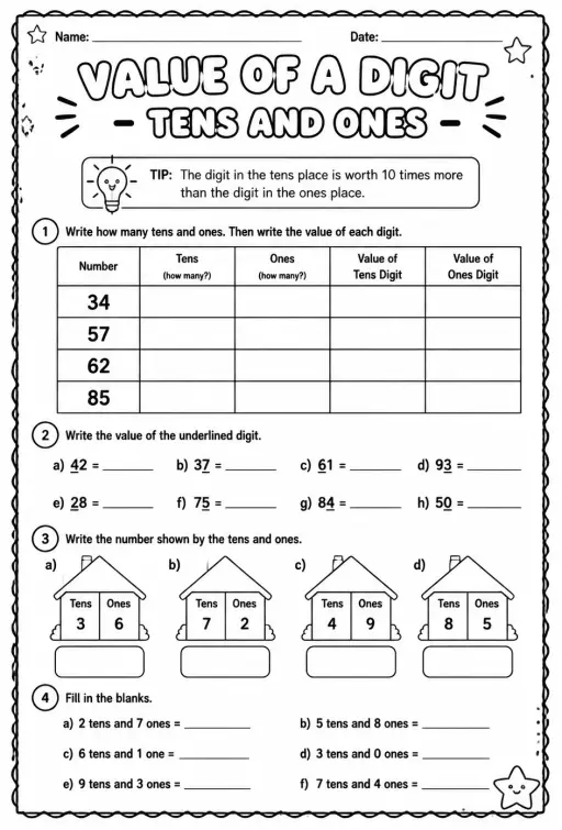Value of a digit - tens and ones