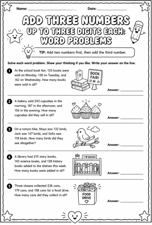 Add three numbers up to three digits each: word problems