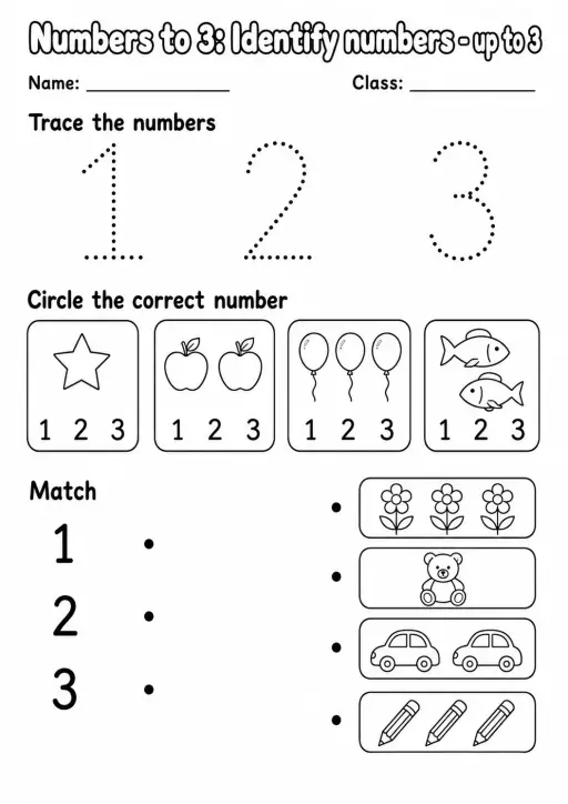 Pre-K Numbers to 3 Math Worksheet Pack