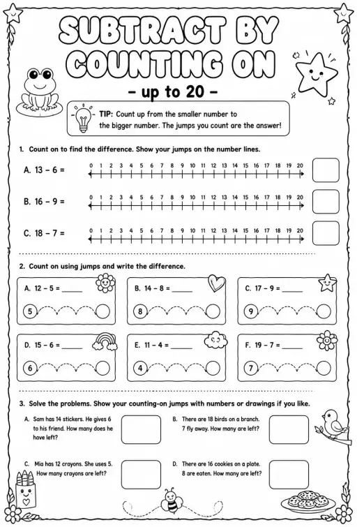 Subtract by counting on - up to 20