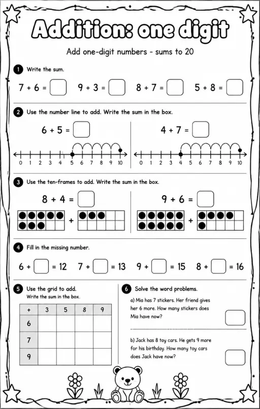 Add one-digit numbers - sums to 20