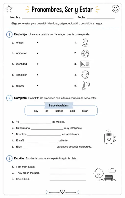Elegir ser o estar para describir identidad, origen, ubicación, condición y rasgos.
