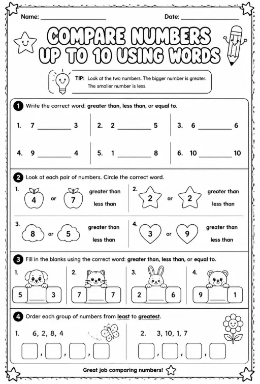 Compare numbers up to 10 using words