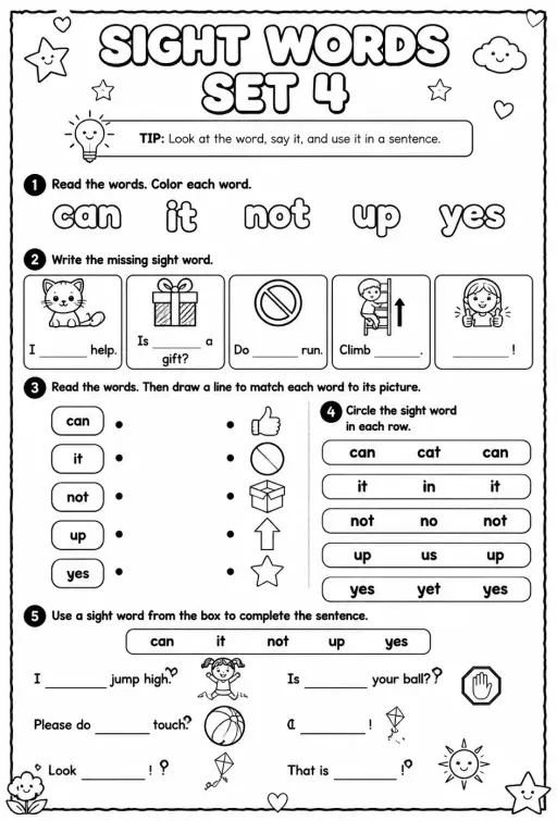 Read sight words set 4: can, it, not, up, yes