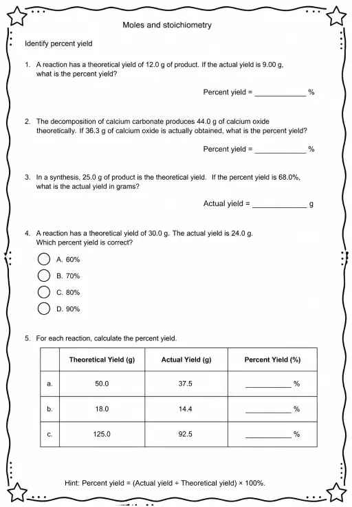 Identify percent yield