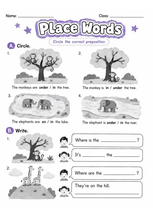 Place Words | Grade 1 Prepositions Grammar Worksheet