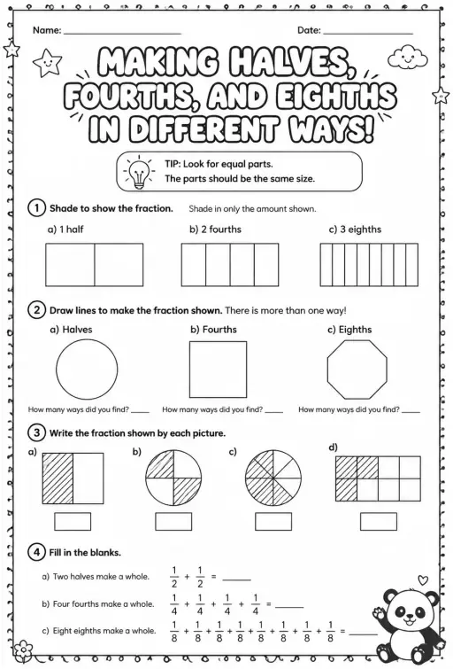 Make halves, fourths, and eighths in different ways