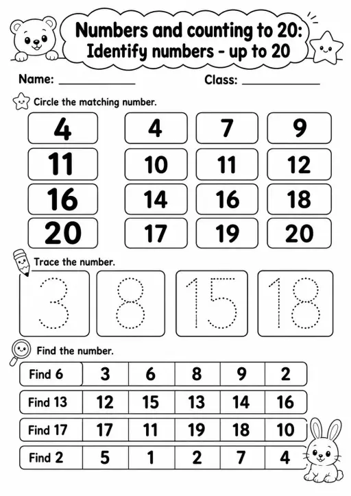 Pre-K Numbers and Counting to 20 Math Worksheet Pack