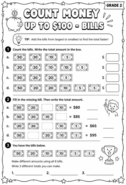 Count money up to $100 - bills