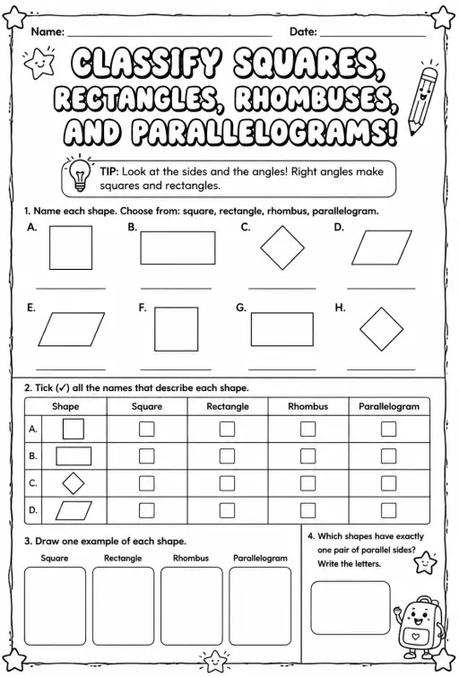 Classify squares, rectangles, rhombuses, and parallelograms