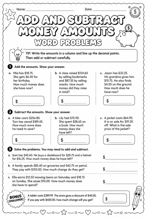 Add and subtract money amounts: word problems