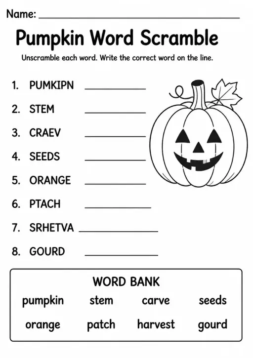 Pumpkin Word Scramble — Grade 2