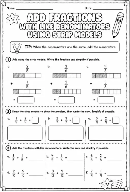 Add fractions with like denominators using strip models