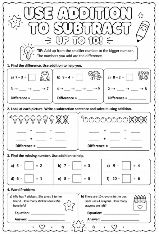 Use addition to subtract - up to 10