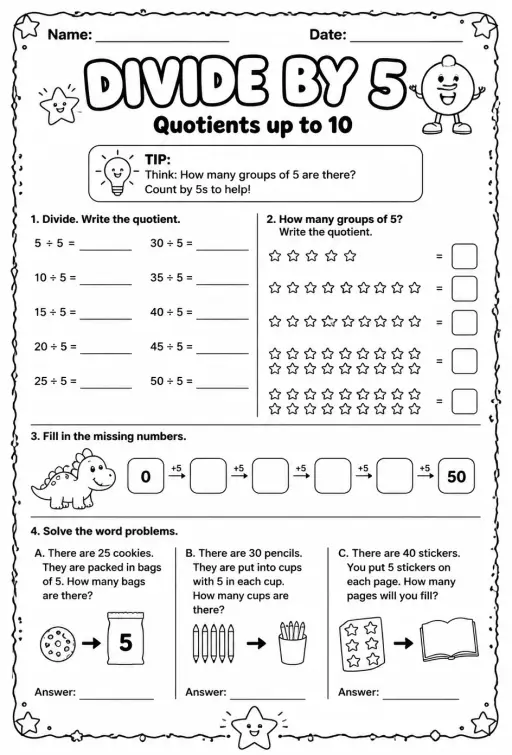 Divide by 5: quotients up to 10