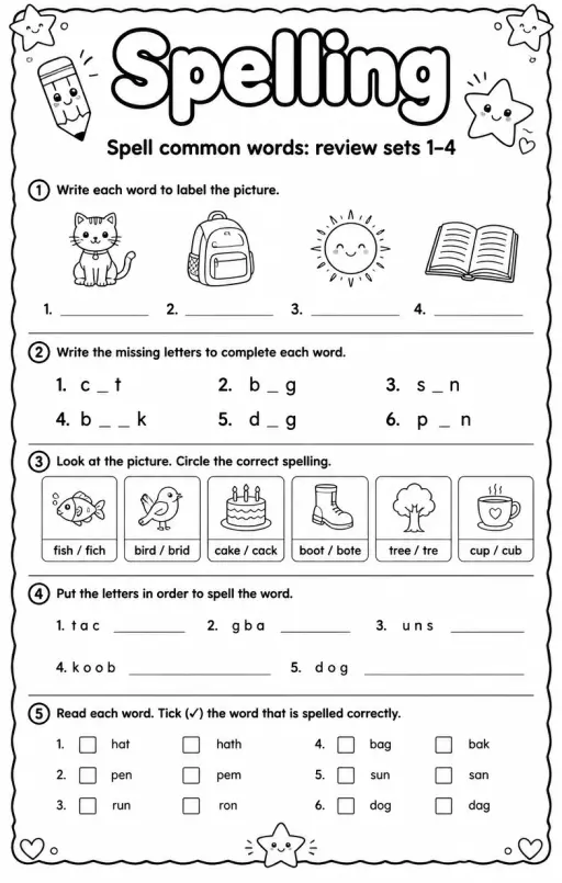 Spell common words: review sets 1–4