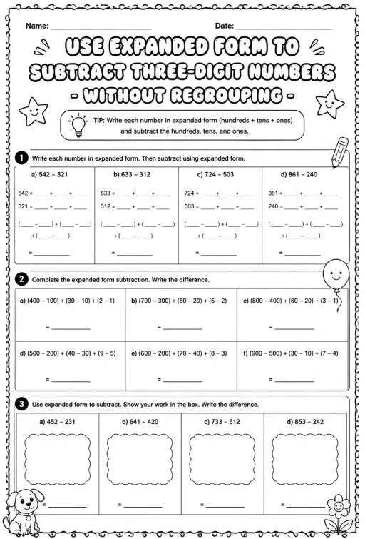 Use expanded form to subtract three-digit numbers - without regrouping