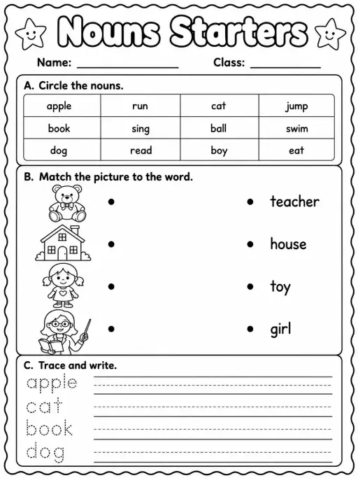 Nouns Starters Vocabulary Worksheet Pack