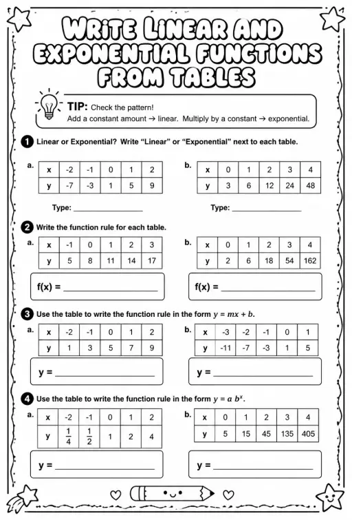 Write linear and exponential functions from tables