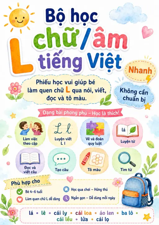 Vietnamese Letter L Phonics Worksheets Pack