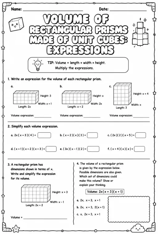 Volume of rectangular prisms made of unit cubes: expressions