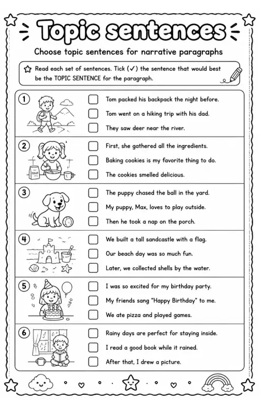 Choose topic sentences for narrative paragraphs
