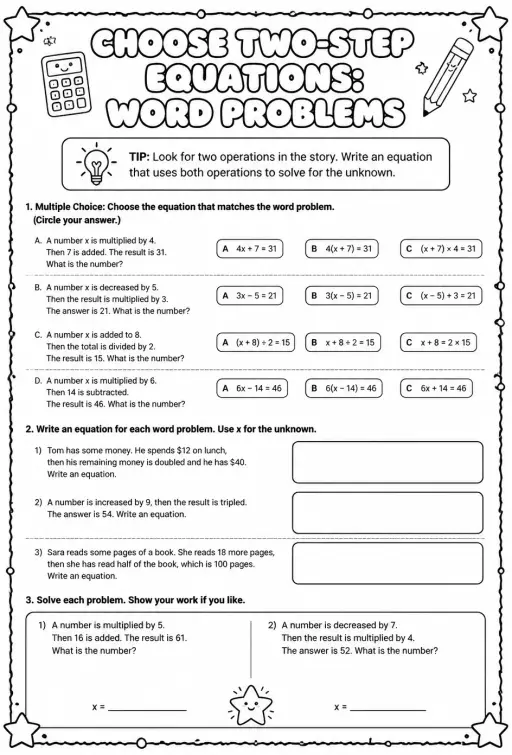 Choose two-step equations: word problems