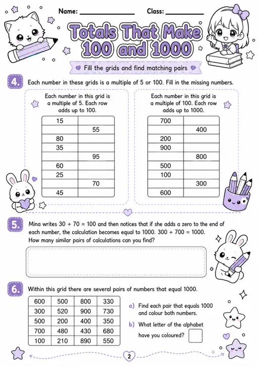 Totals That Make 100 and 1000 - Grade 3 Math Worksheet - WKS-MAT-grade-3-XH-0093-EN