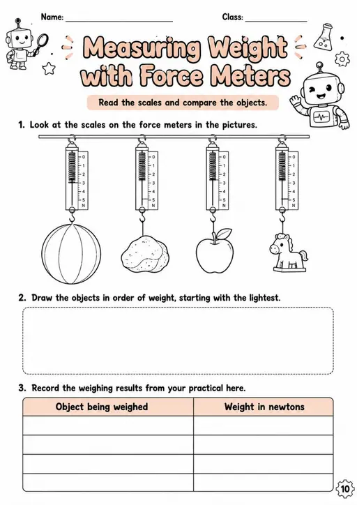 Measuring Weight with Force Meters - Grade 3 Science Worksheet