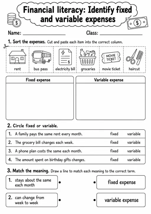 Grade 4 Financial Literacy Math Worksheet Pack