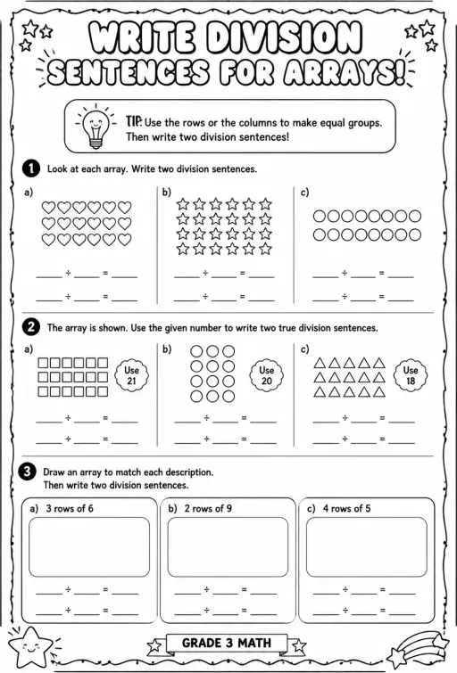 Write division sentences for arrays