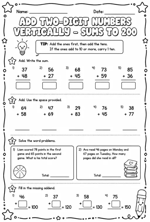 Add two-digit numbers vertically - sums to 200