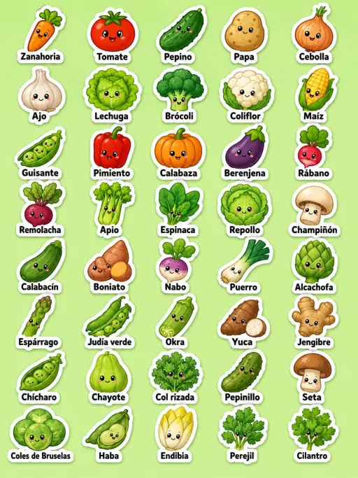 Verduras - Hoja de pegatinas imprimibles