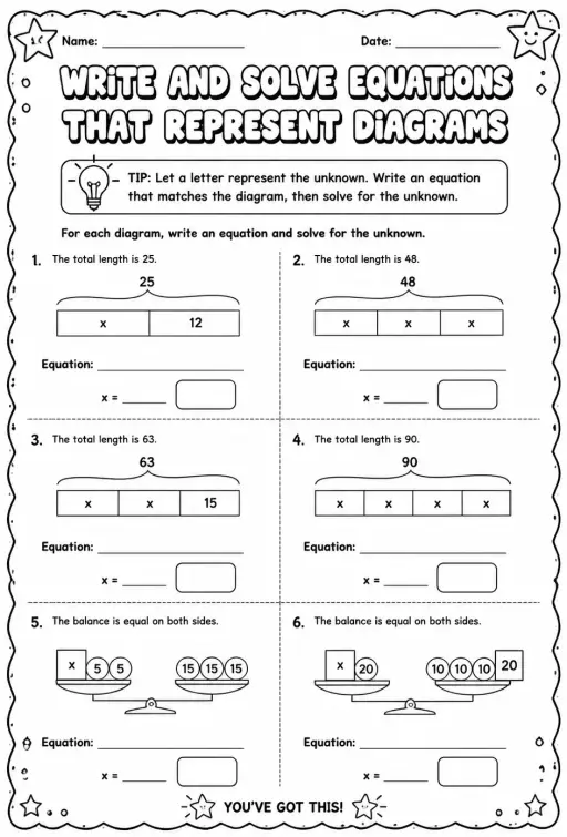 Write and solve equations that represent diagrams