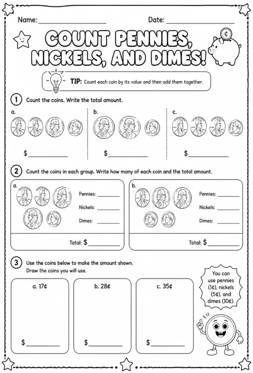 Count pennies, nickels, and dimes