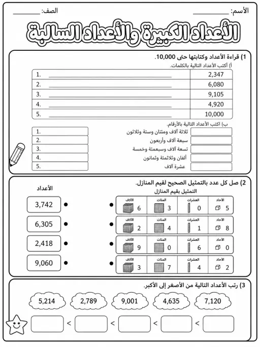 الأعداد الكبيرة والأعداد السالبة - حزمة أوراق عمل رياضيات