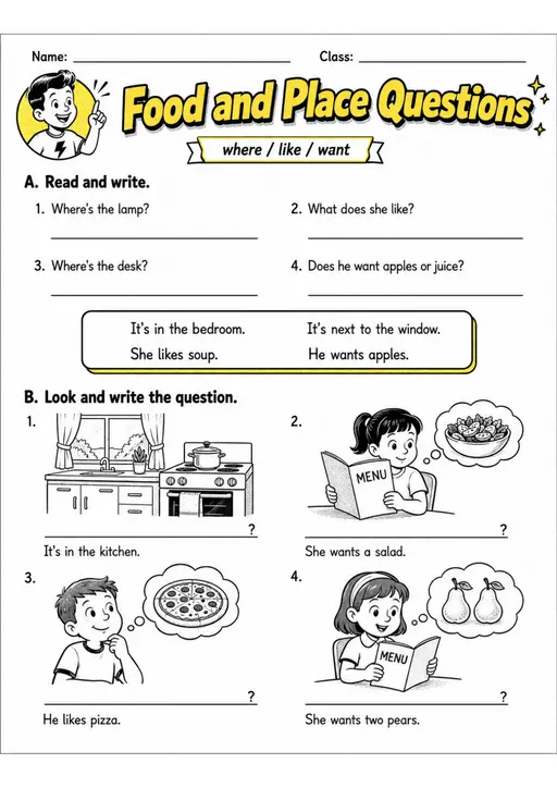 Food And Place Questions | Grades 2-3 English Language Arts Worksheet