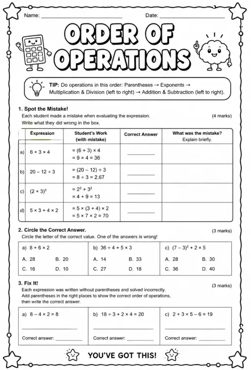 Identify mistakes involving the order of operations