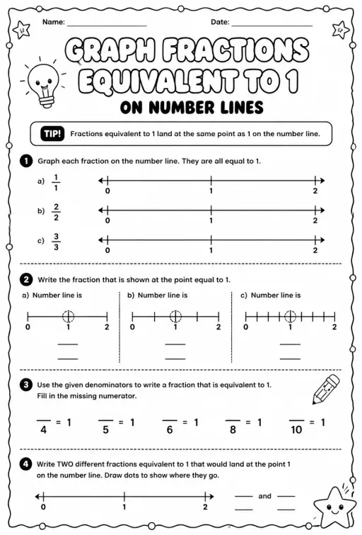 Graph fractions equivalent to 1 on number lines