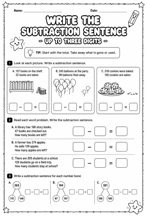 Write the subtraction sentence - up to three digits