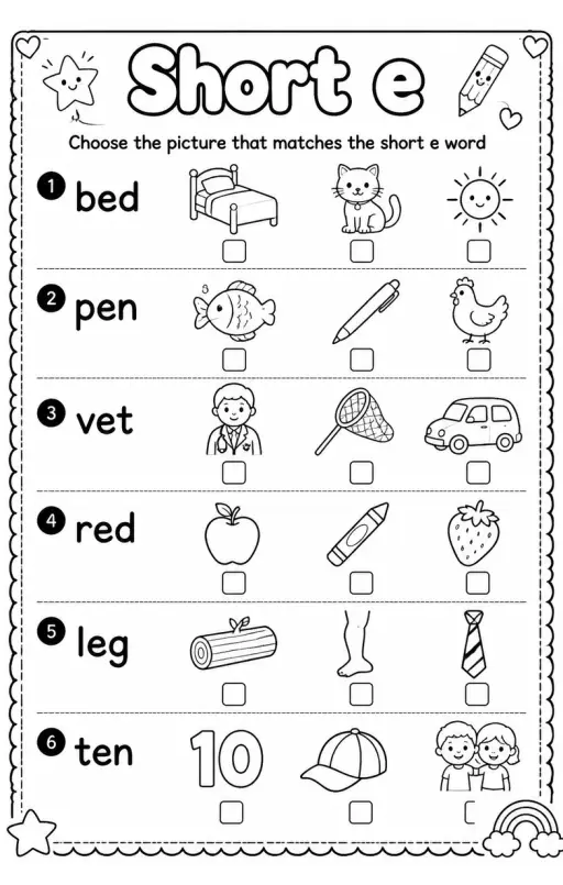 Choose the picture that matches the short e word