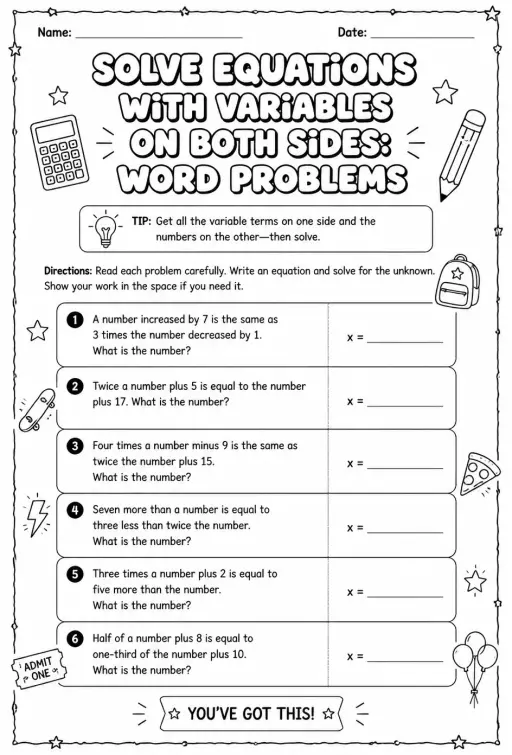 Solve equations with variables on both sides: word problems