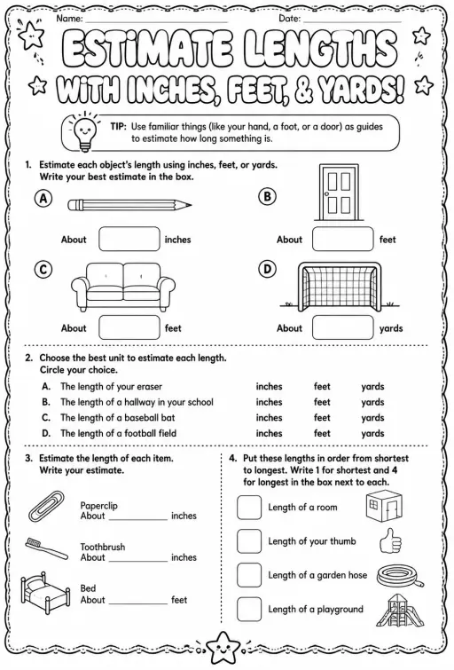 Estimate lengths with inches, feet, and yards
