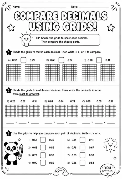 Compare decimals using grids