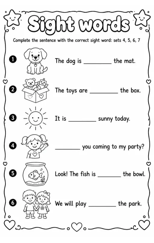 Complete the sentence with the correct sight word: sets 4, 5, 6, 7