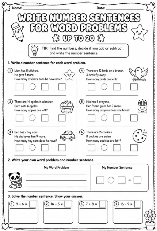 Write number sentences for word problems - up to 20