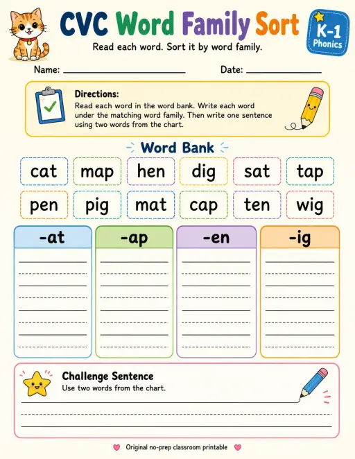 CVC Word Family Sort: -at, -ap, -en, -ig
