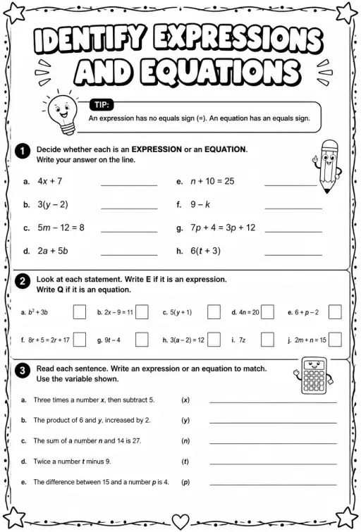 Identify expressions and equations