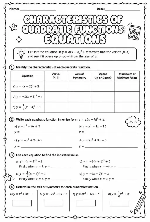 Characteristics of quadratic functions: equations