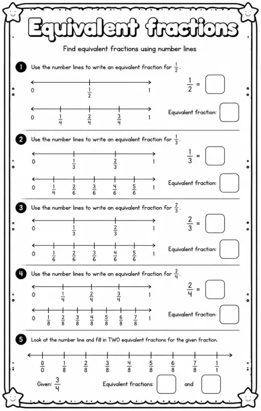 Find equivalent fractions using number lines